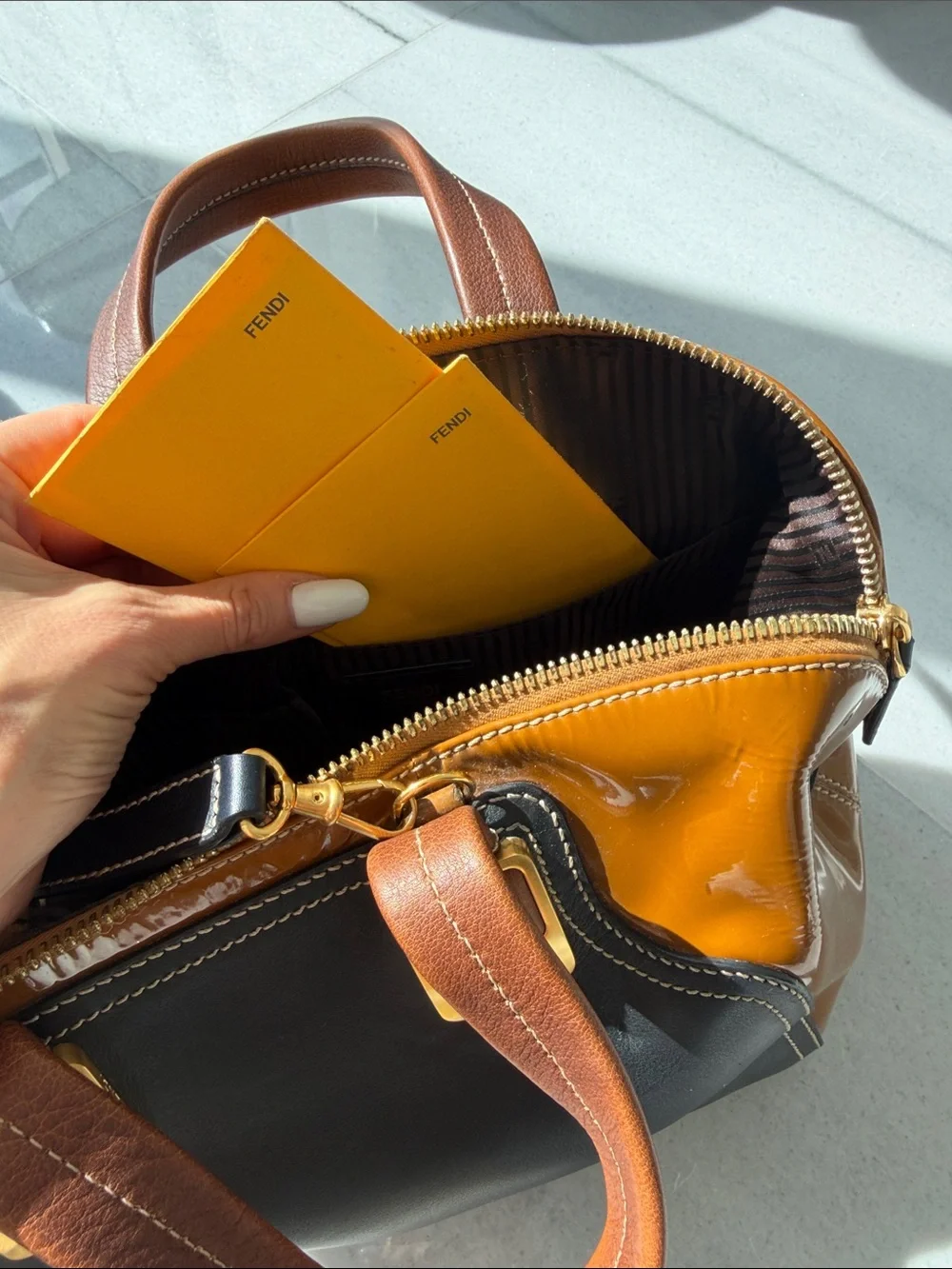 Fendi Black and Brown Patent Leather Top-Handle Satchel